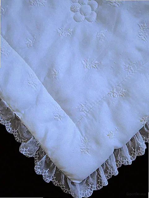 1960's Oyster Nylon Silky Feel Crib Comforter Blankie Quilt Embroidery & Lace