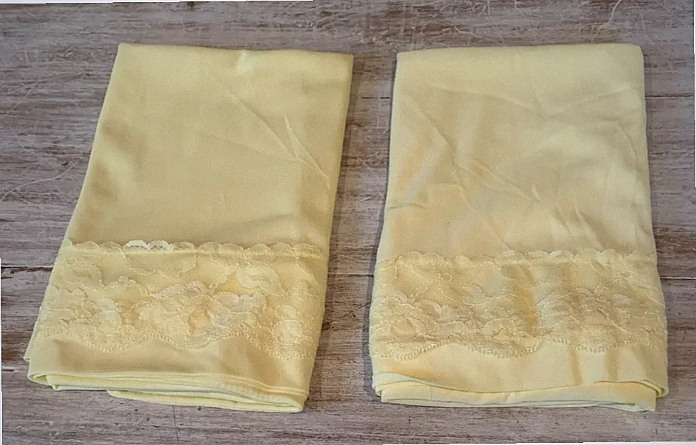 2 Butter Yellow Satin Nylon Pillowcases Lace Trim KING 18.5 x 43" Vintage