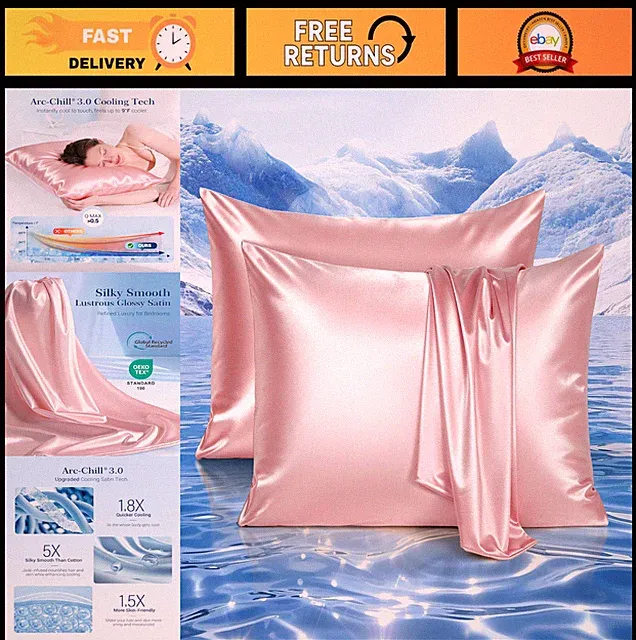 Cooling Satin Pillowcase Set of 2 for Hot Sleepers, Soft Silky Luxury Zipper Cov
