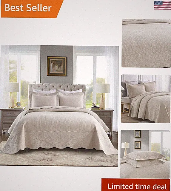 Cotton Bedspread Quilt Coverlet Embroidery Farmhouse Bedding Set King 118x106