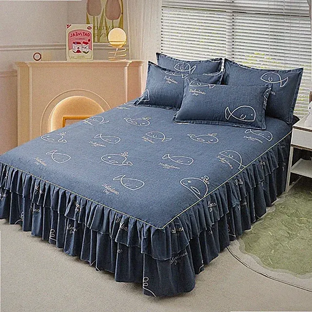 Dust-proof Double Lace Bed Skirt Three-piece Set Floral Printed Skin-friendly Be