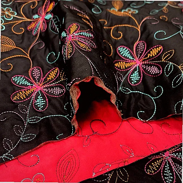 Embroidered Quilted Black/Fuchsia Poly Nylon Padded Fabric Lot of 2 Yards $20