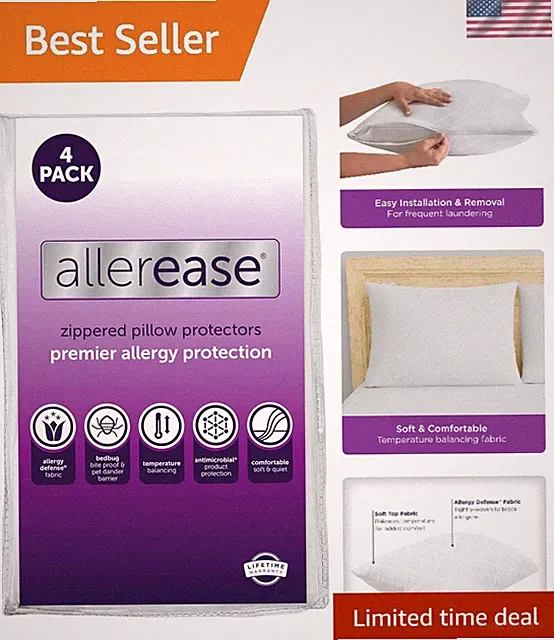 Pillow Protectors Set of 4 Queen Allergy Protection Breathable Zippered