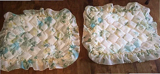 Vintage 1970’s Quilted Nylon Ruffle Floral Blue Yellow Cream Standard Shams Cute