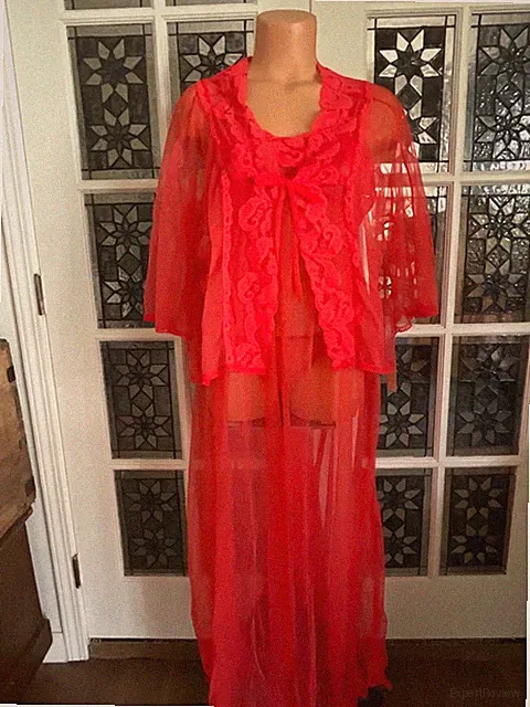 Vintage Sears Red Nylon Sheer Chiffon Nightgown Bed Jacket & Panty Set Size NOS