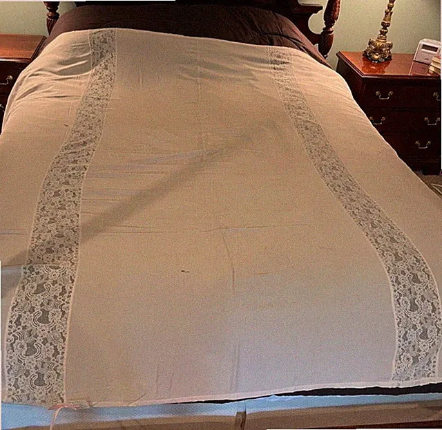 Vintage Sheer Pink Nylon Satiny with Lace Inserts Bedspread Full 80" x 77"