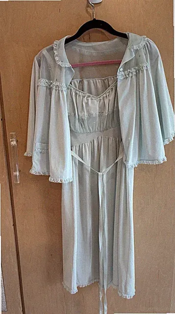 Vtg Blue Shadowline Gown & Bed Jacket Set Sz S Embroidered Lace Shirred Bodice