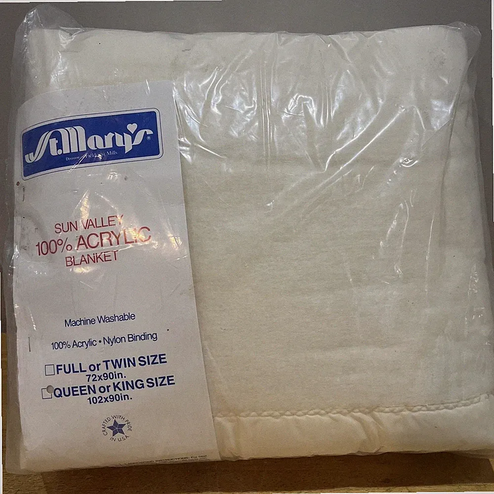VTG St. Marys Acrylic Blanket Queen/King Satin Trim 102x90 Rare Cream Color NOS
